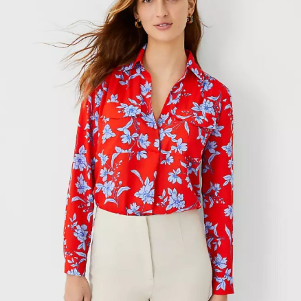 Ann Taylor Camp Shirt Red Floral Blouse Petite XLP